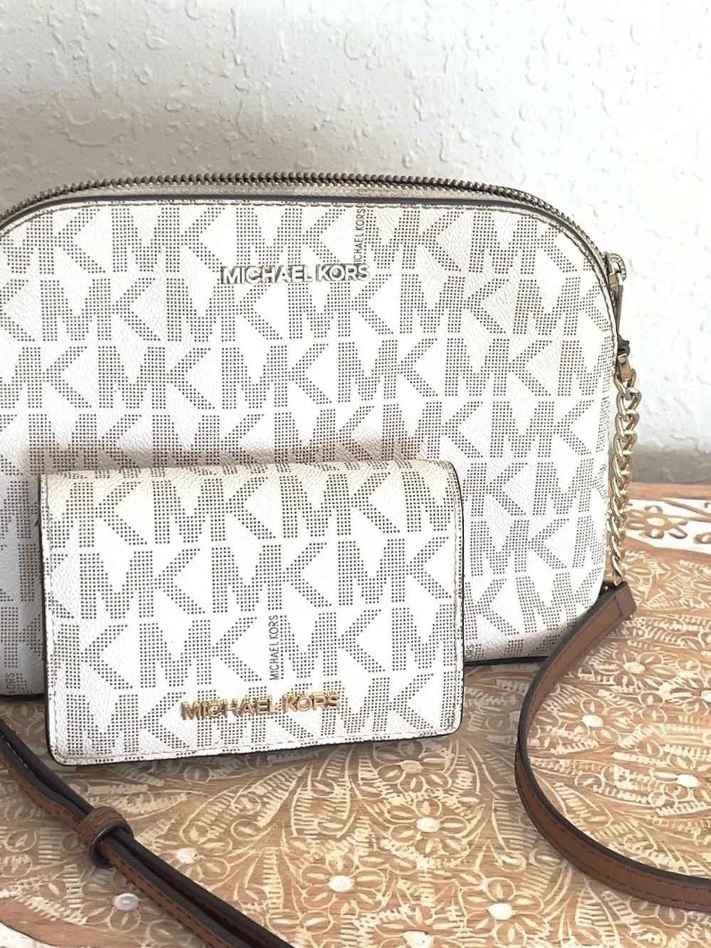Michael Kors White Logo Crossbody with Brown Trim and Gold Hardware